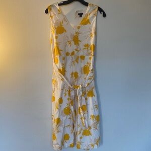 Ann Taylor White Midi Dress with Yellow Floral Tie Waist